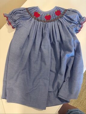 Blue Gingham Smocked Apple Yoke Kids Dress